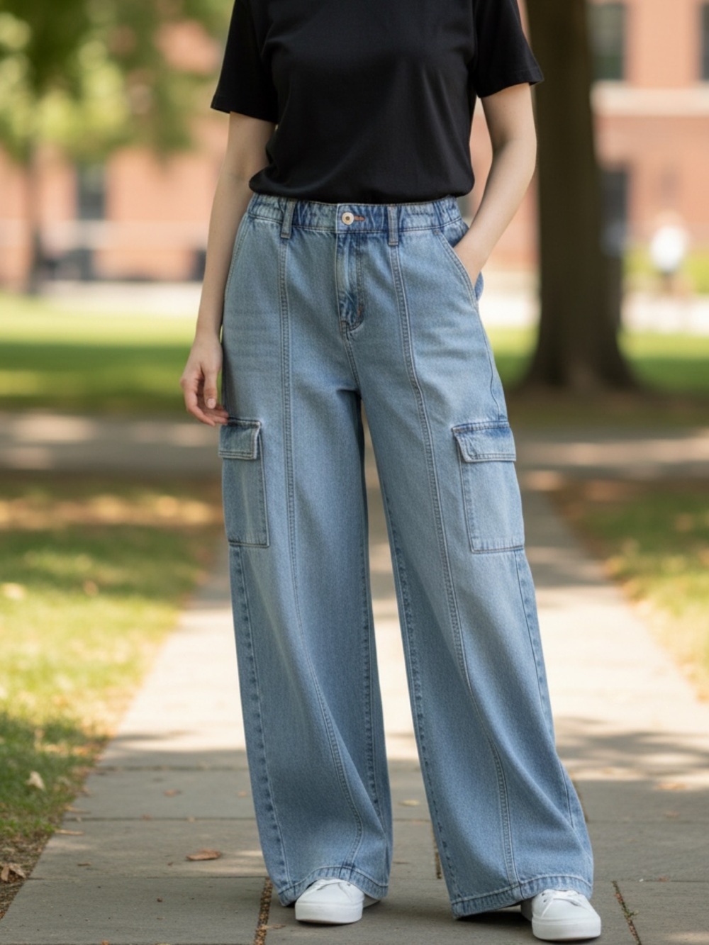Time and Tru Light Blue Wide-Leg Cargo Jeans
